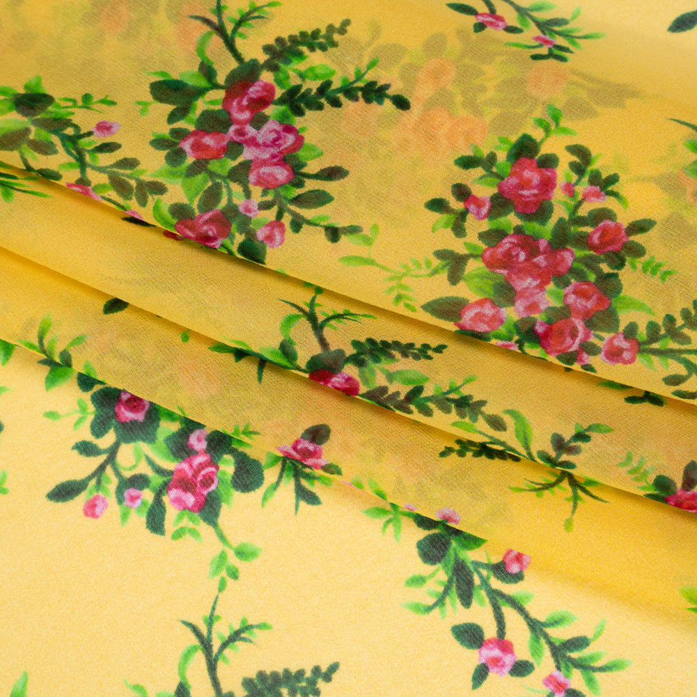 Silk Chiffon Print Made in Italy - Sunny Yellow, Green and Pink Flower Bunches - Deadstock - Detail