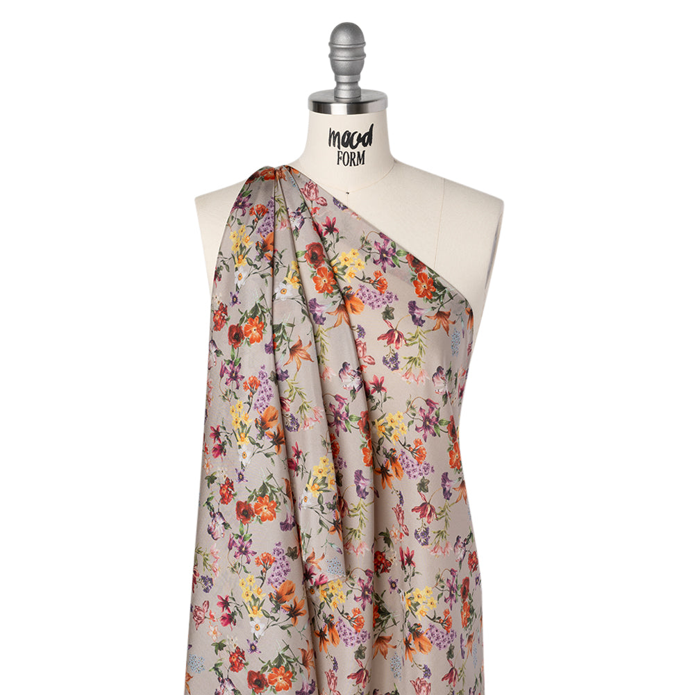 China Silk/Silk Habotai Print Made in Italy - Greige, Red and Purple Fancy Flowers - Deadstock Folded