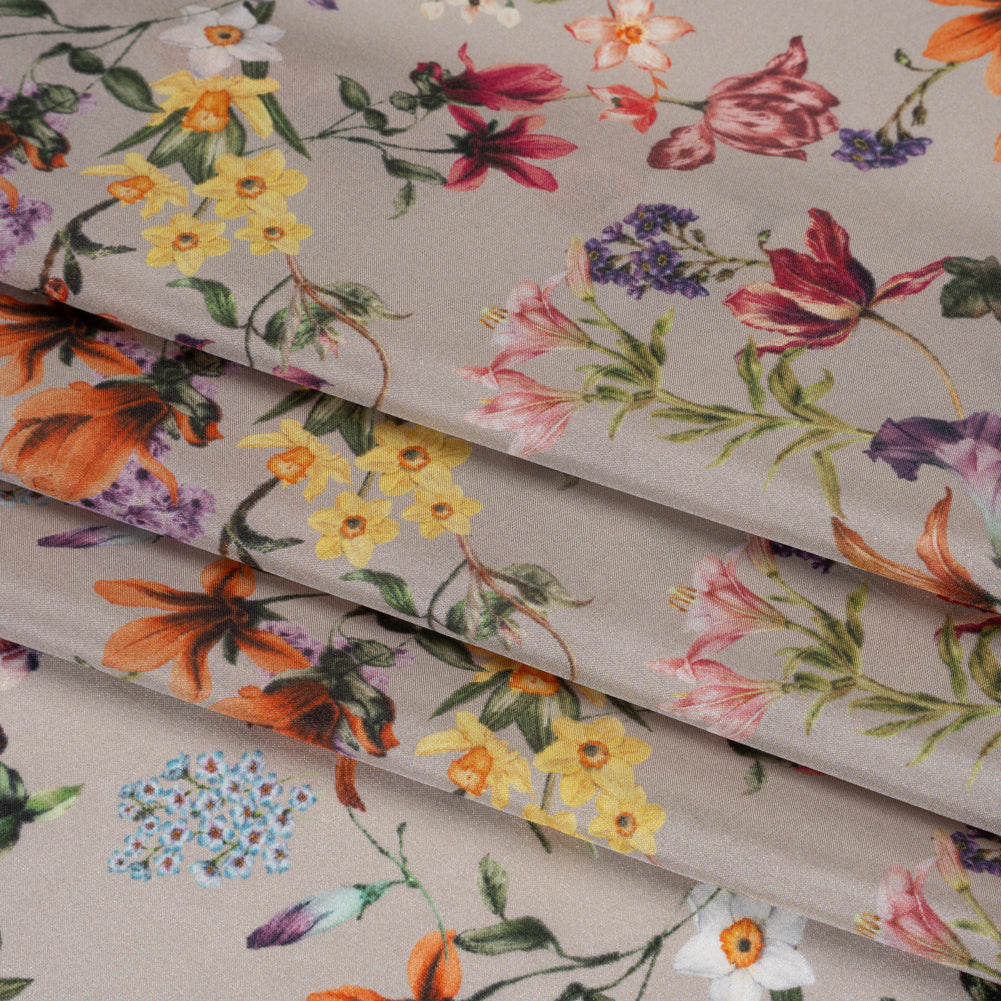 China Silk/Silk Habotai Print Made in Italy - Greige, Red and Purple Fancy Flowers - Deadstock Detail