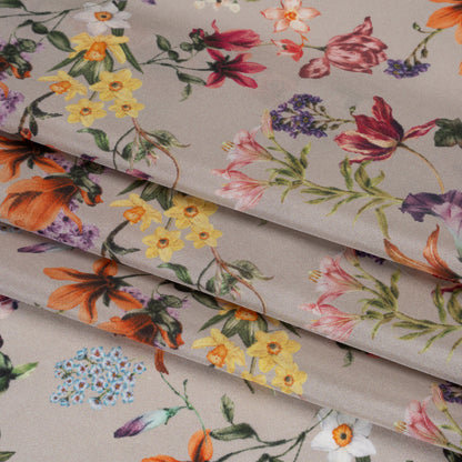 China Silk/Silk Habotai Print Made in Italy - Greige, Red and Purple Fancy Flowers - Deadstock Detail