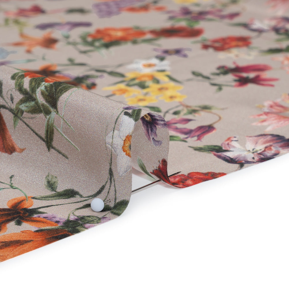 China Silk/Silk Habotai Print Made in Italy - Greige, Red and Purple Fancy Flowers - Deadstock Full