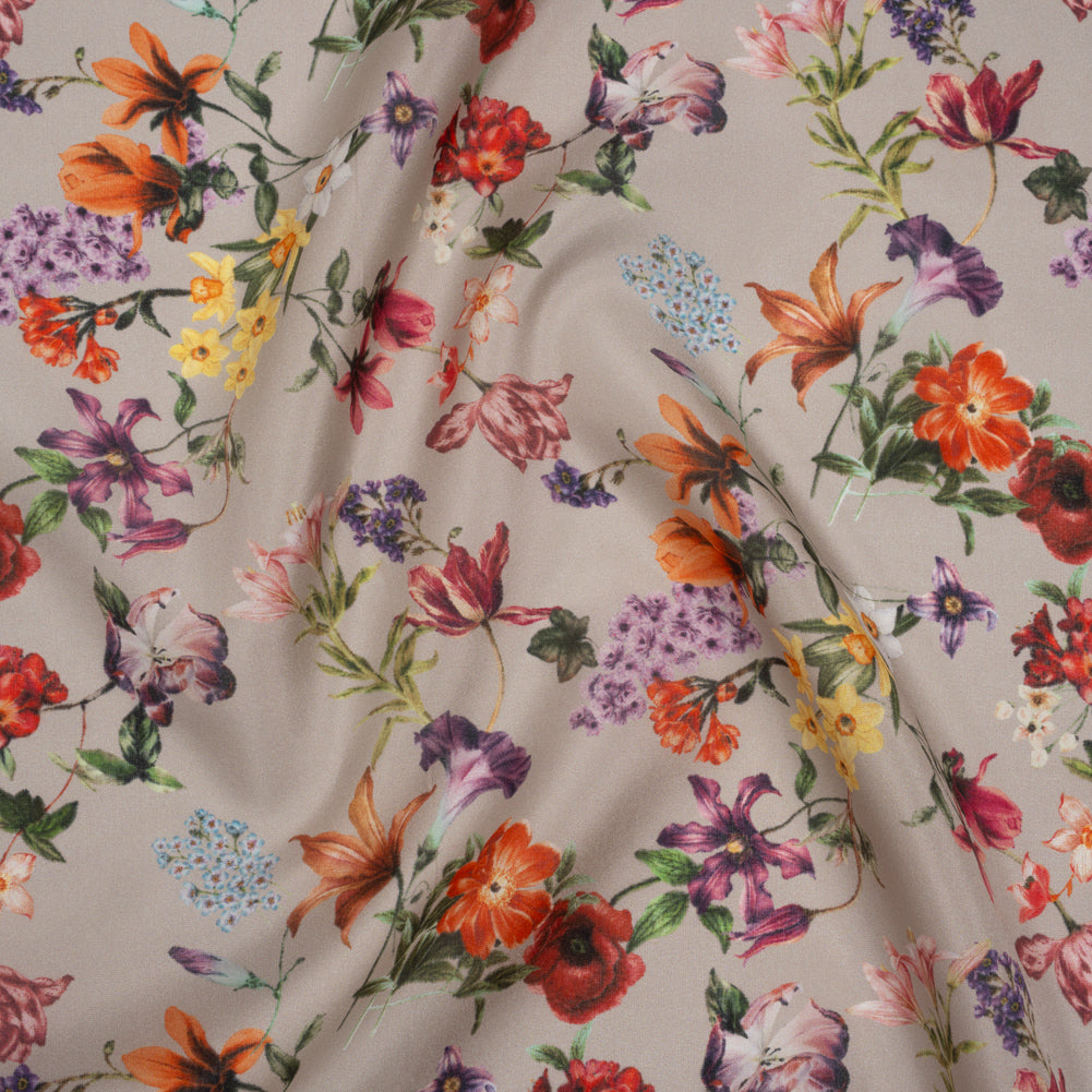 China Silk/Silk Habotai Print Made in Italy - Greige, Red and Purple Fancy Flowers - Deadstock Drape