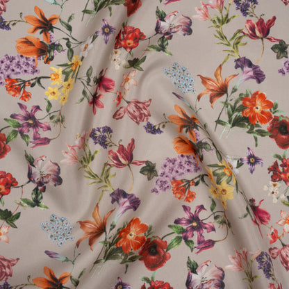 China Silk/Silk Habotai Print Made in Italy - Greige, Red and Purple Fancy Flowers - Deadstock Drape