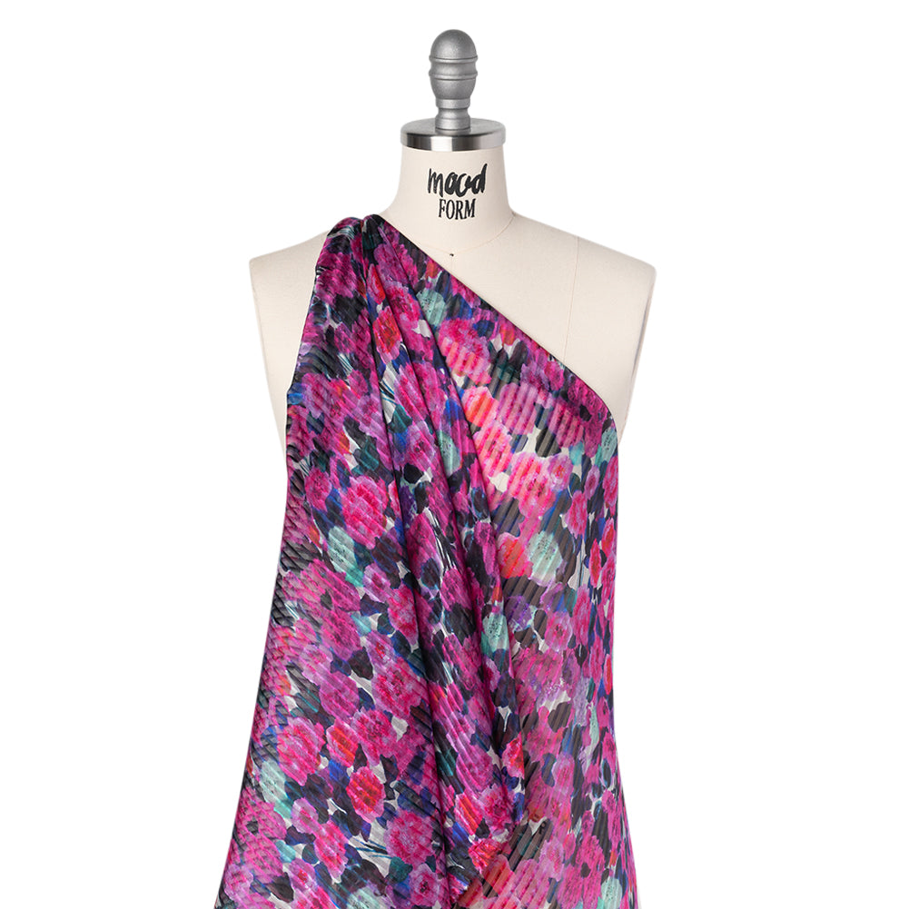 Satin Stripe Silk Dobby Print Made in Italy - Fuchsia, Blue and Dark Teal Painterly Flower Field - Deadstock - Folded