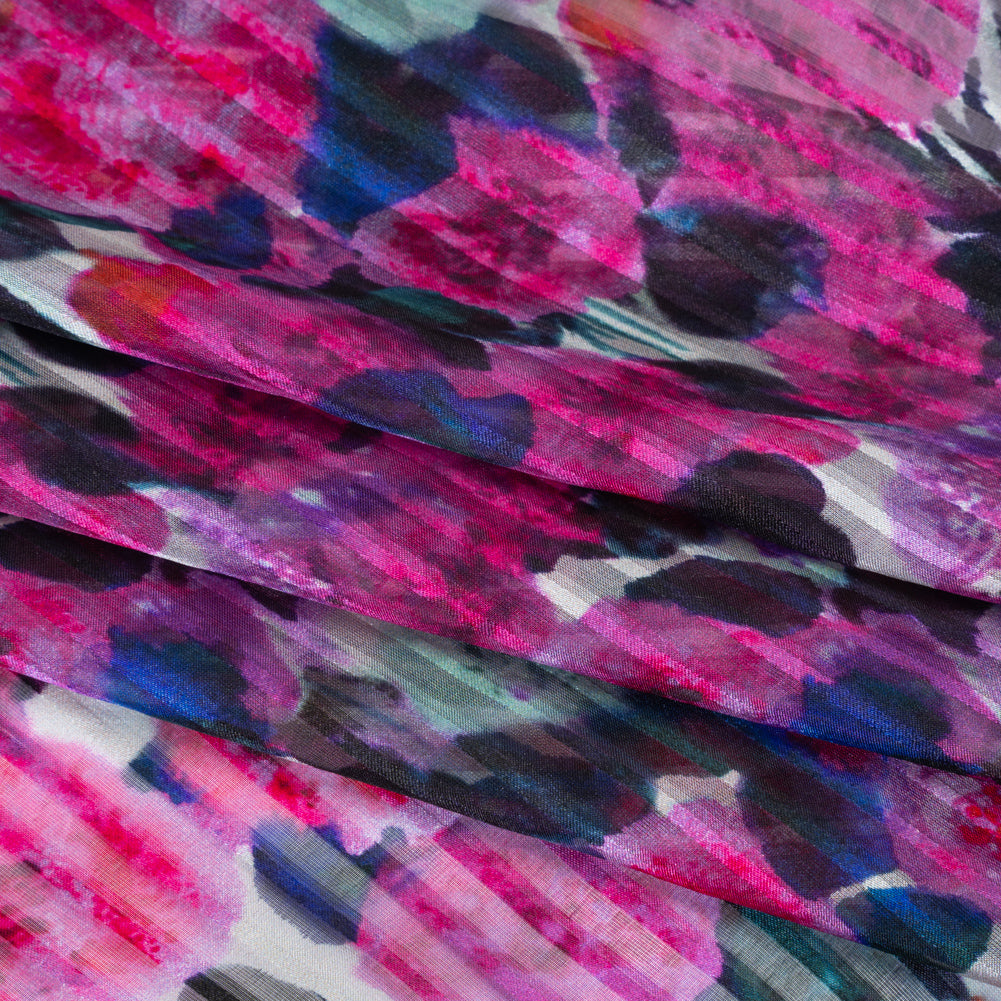 Satin Stripe Silk Dobby Print Made in Italy - Fuchsia, Blue and Dark Teal Painterly Flower Field - Deadstock - Detail