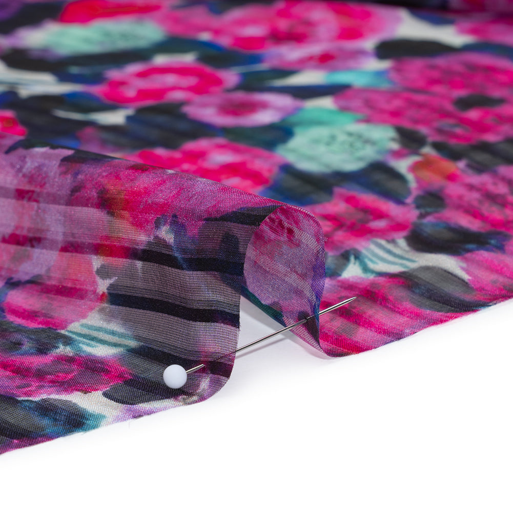 Satin Stripe Silk Dobby Print Made in Italy - Fuchsia, Blue and Dark Teal Painterly Flower Field - Deadstock - Full - Image 4 of 5