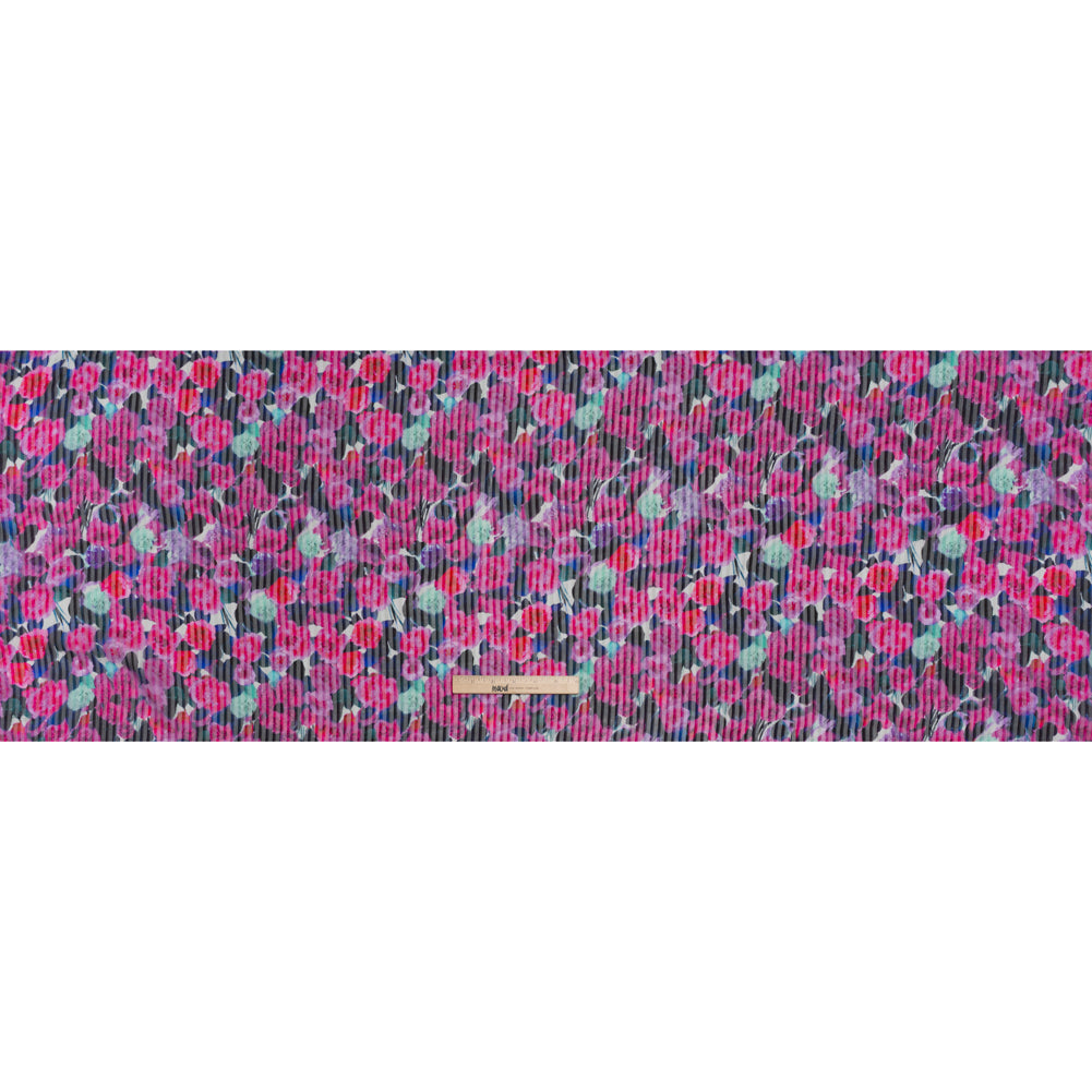 Satin Stripe Silk Dobby Print Made in Italy - Fuchsia, Blue and Dark Teal Painterly Flower Field - Deadstock - Full - Image 5 of 5
