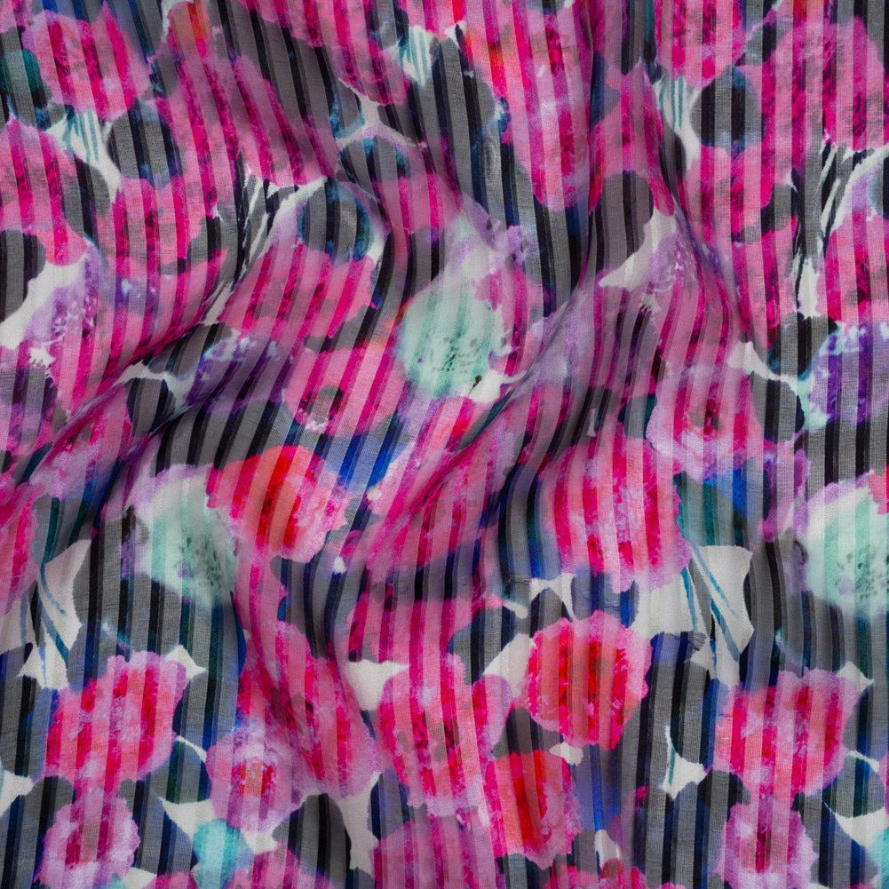 Satin Stripe Silk Dobby Print Made in Italy - Fuchsia, Blue and Dark Teal Painterly Flower Field - Deadstock - Drape