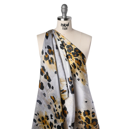 Silk Twill Print Made in Italy - Yellow Ochre, Brown and Black Painted Animal Spots - Deadstock Folded