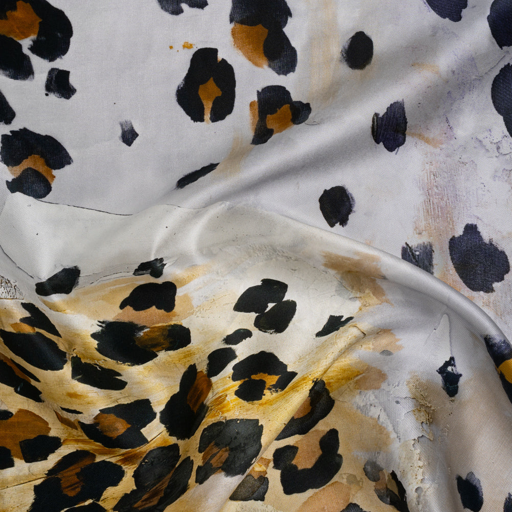 Silk Twill Print Made in Italy - Yellow Ochre, Brown and Black Painted Animal Spots - Deadstock Drape