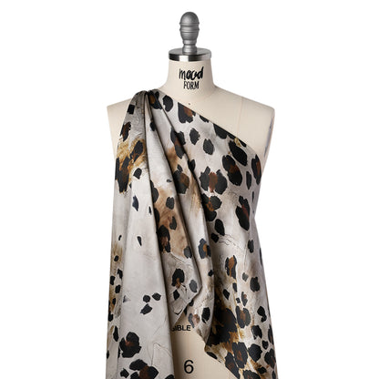 Silk Twill Print Made in Italy - Brown, Beige and Gray Painted Animal Spots - Deadstock Folded