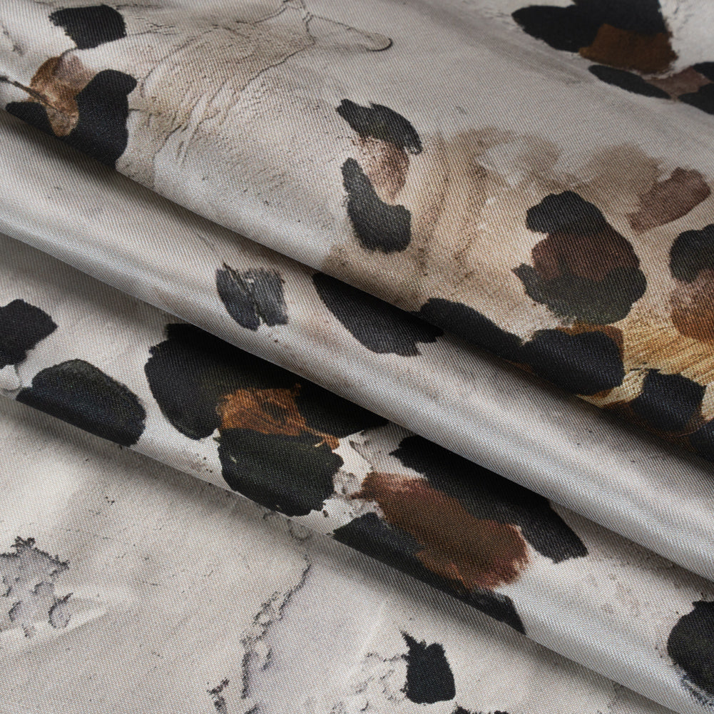 Silk Twill Print Made in Italy - Brown, Beige and Gray Painted Animal Spots - Deadstock Detail