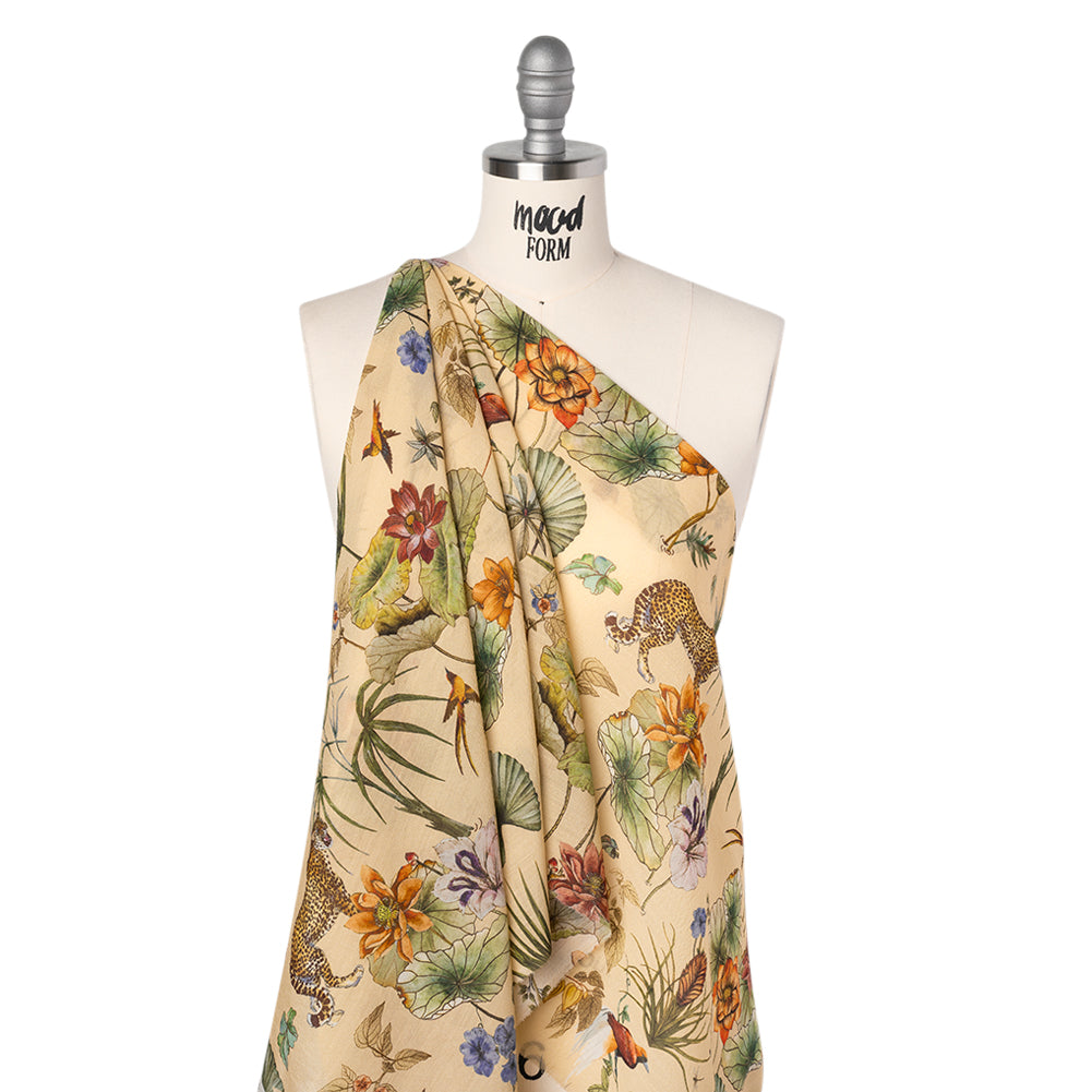 Slubbed Sheer Silk Woven Print Made in Italy - Beige, Green and Orange Tropical Flora and Fauna - Deadstock - Folded