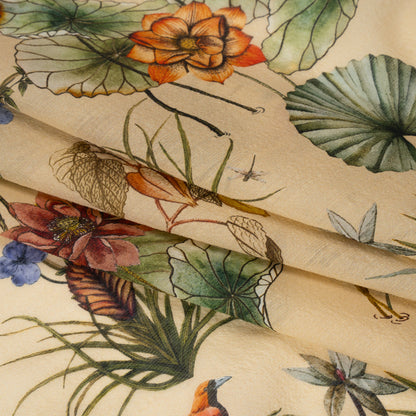 Slubbed Sheer Silk Woven Print Made in Italy - Beige, Green and Orange Tropical Flora and Fauna - Deadstock