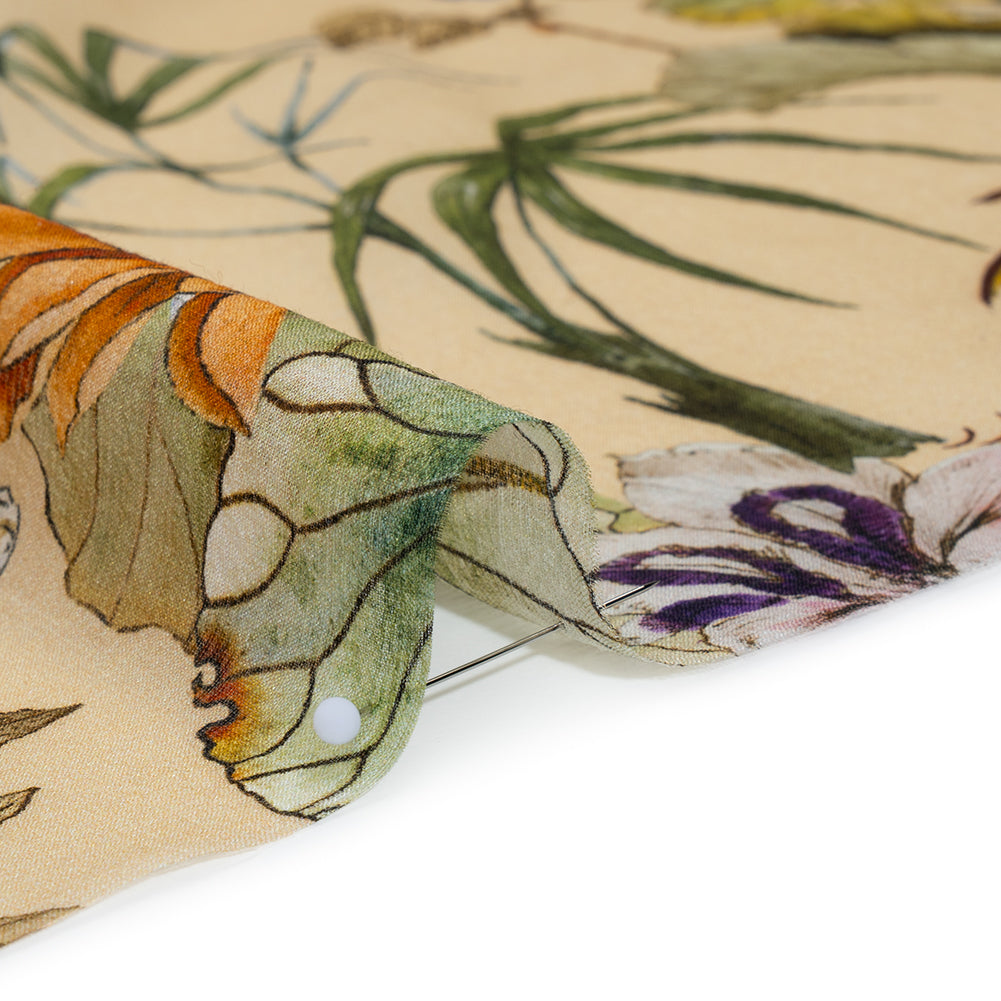 Slubbed Sheer Silk Woven Print Made in Italy - Beige, Green and Orange Tropical Flora and Fauna - Deadstock - Full
