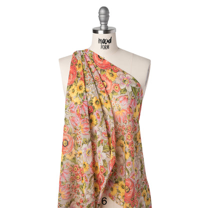Silk Chiffon Print Made in Italy - Pink, Yellow and Green Flower Garden - Deadstock