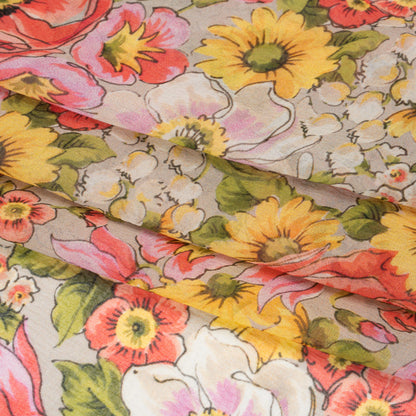 Silk Chiffon Print Made in Italy - Pink, Yellow and Green Flower Garden - Deadstock