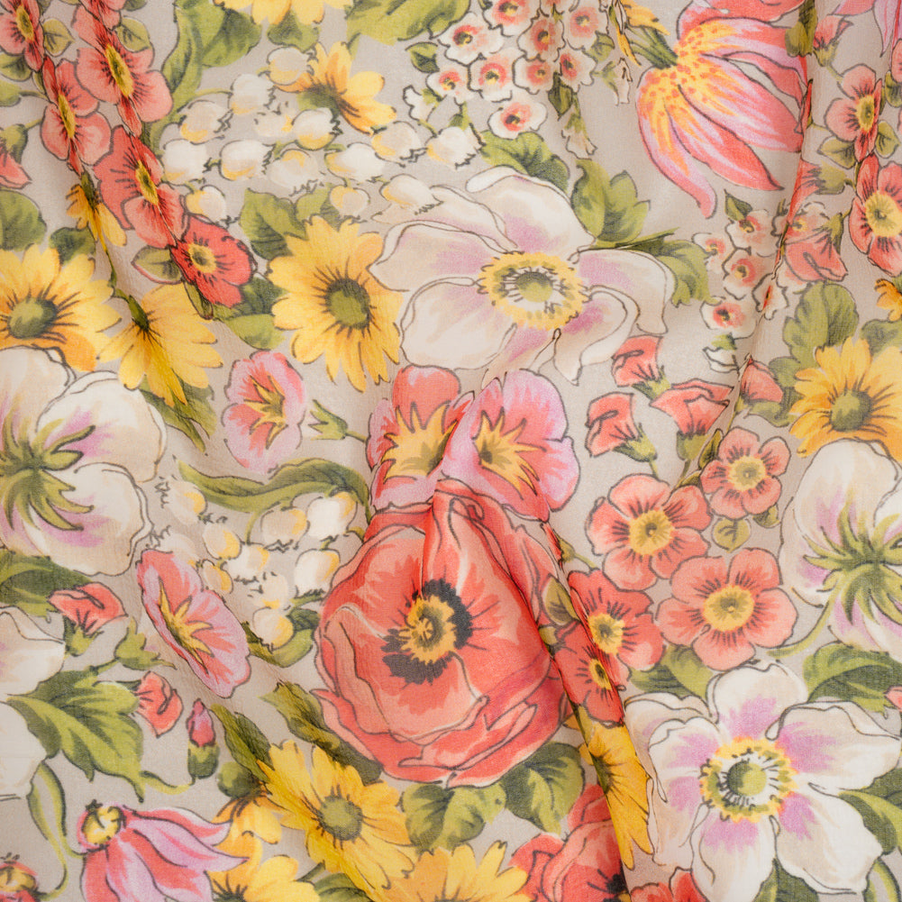 Silk Chiffon Print Made in Italy - Pink, Yellow and Green Flower Garden - Deadstock - Drape