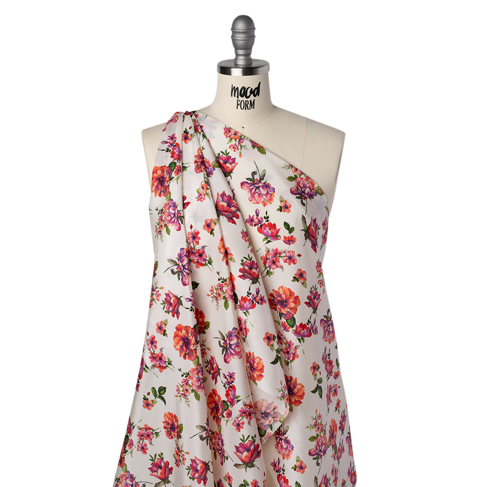 China Silk/Silk Habotai Print Made in Italy - Pink, Ultramarine and Ivory Scattered Flowers - Deadstock - Folded