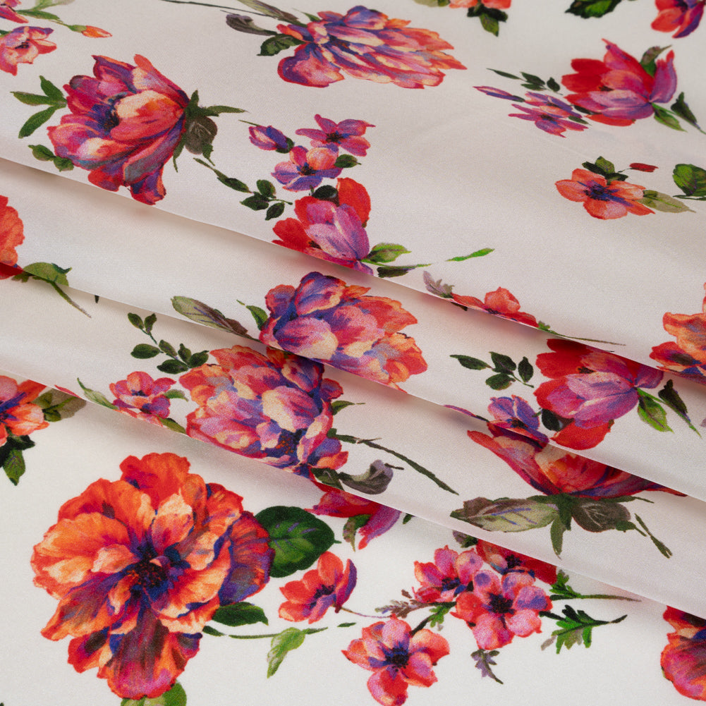 China Silk/Silk Habotai Print Made in Italy - Pink, Ultramarine and Ivory Scattered Flowers - Deadstock - Detail