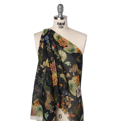 Slubbed Sheer Silk Woven Print Made in Italy - Black, Green and Orange Tropical Flora and Fauna - Deadstock
