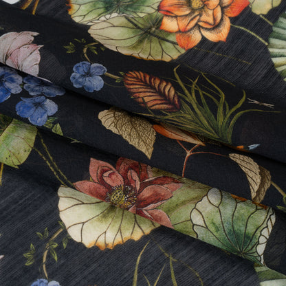 Slubbed Sheer Silk Woven Print Made in Italy - Black, Green and Orange Tropical Flora and Fauna - Deadstock