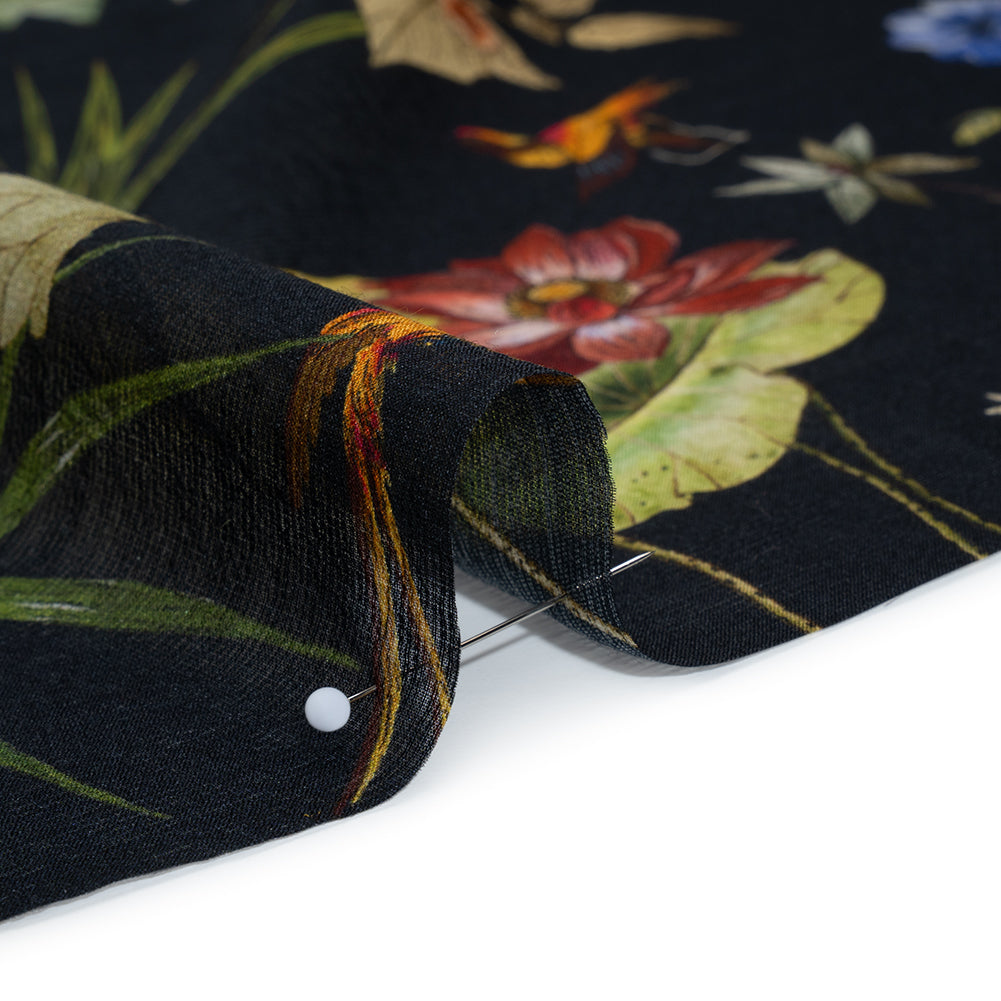 Slubbed Sheer Silk Woven Print Made in Italy - Black, Green and Orange Tropical Flora and Fauna - Deadstock - Full
