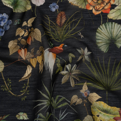 Slubbed Sheer Silk Woven Print Made in Italy - Black, Green and Orange Tropical Flora and Fauna - Deadstock