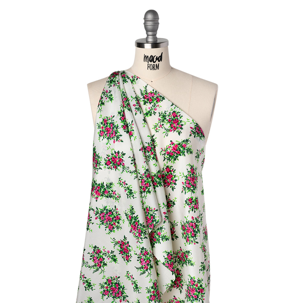 China Silk/Silk Habotai Print Made in Italy - Pink, Green and Ivory Flower Bunches - Deadstock - Folded