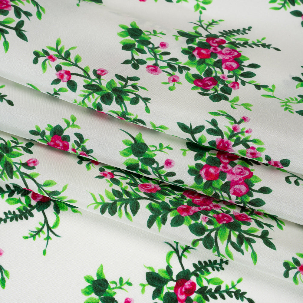 China Silk/Silk Habotai Print Made in Italy - Pink, Green and Ivory Flower Bunches - Deadstock - Detail