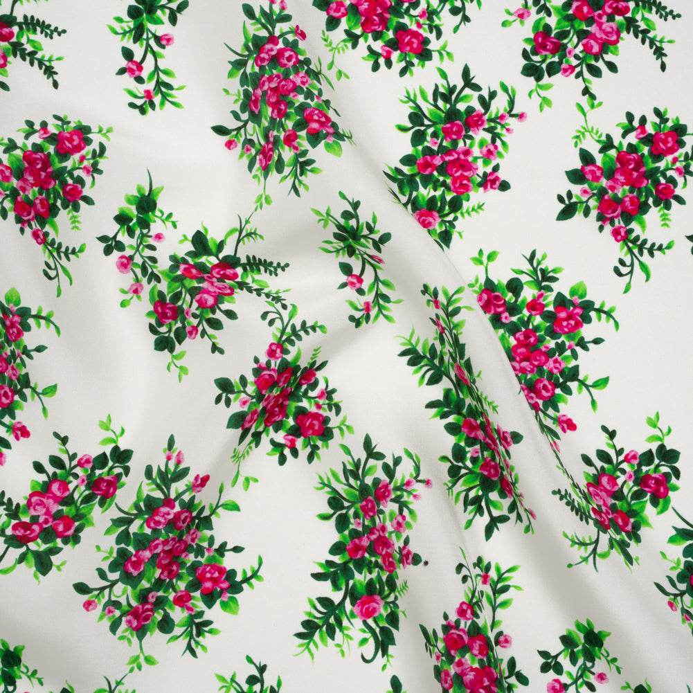 China Silk/Silk Habotai Print Made in Italy - Pink, Green and Ivory Flower Bunches - Deadstock - Drape