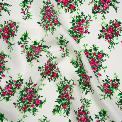 China Silk/Silk Habotai Print Made in Italy - Pink, Green and Ivory Flower Bunches - Deadstock