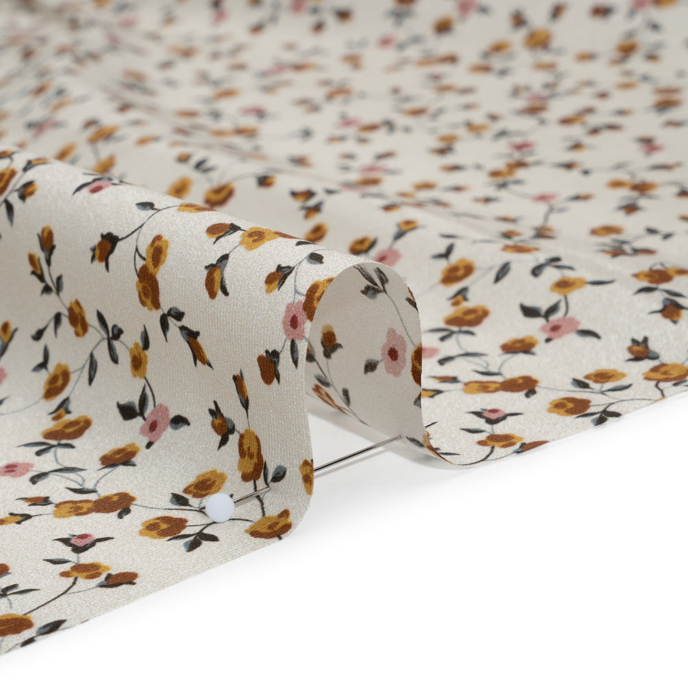 Charmeuse-Backed Silk Print Made in Italy - Ivory, Burnt Orange and Pink Little Flower Vines - Deadstock Full