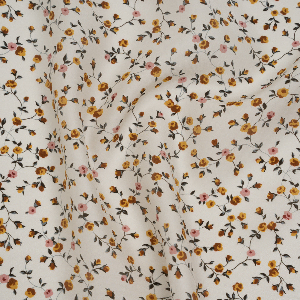 Charmeuse-Backed Silk Print Made in Italy - Ivory, Burnt Orange and Pink Little Flower Vines - Deadstock Drape