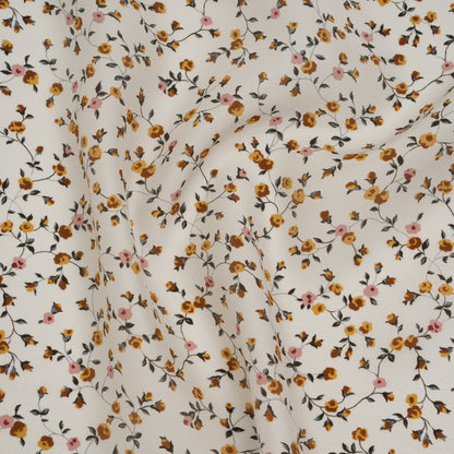 Charmeuse-Backed Silk Print Made in Italy - Ivory, Burnt Orange and Pink Little Flower Vines - Deadstock Drape
