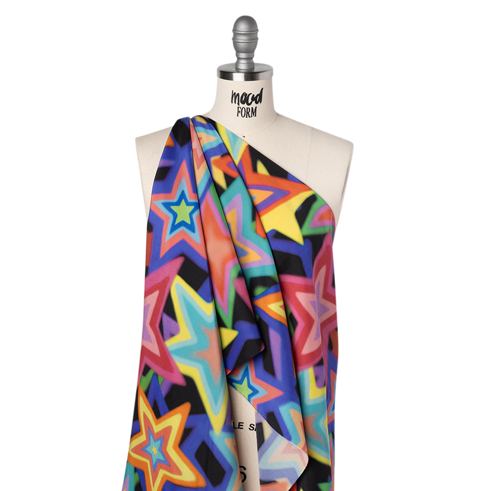 Lightweight Silk Poplin Print Made in Italy - Rainbow on Black Stars - Deadstock - Folded