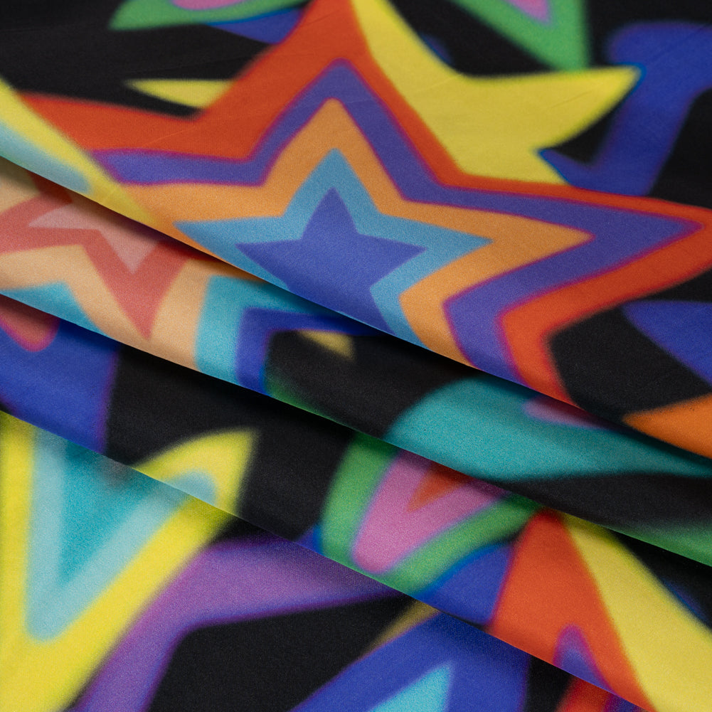 Lightweight Silk Poplin Print Made in Italy - Rainbow on Black Stars - Deadstock - Detail