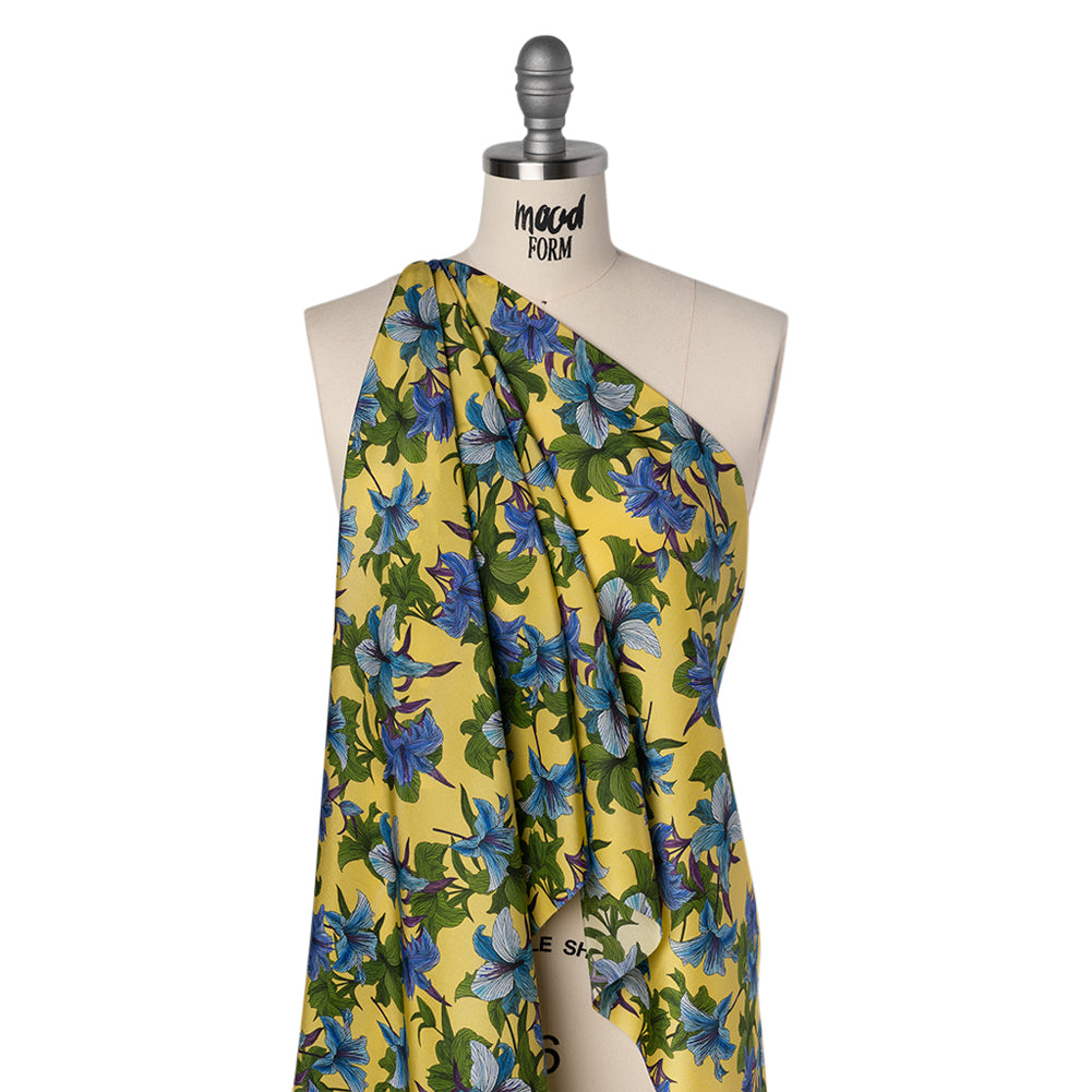 Silk Crepe de Chine Print Made in Italy - Lemon Yellow, Blue and Green Lilies - Deadstock - Folded