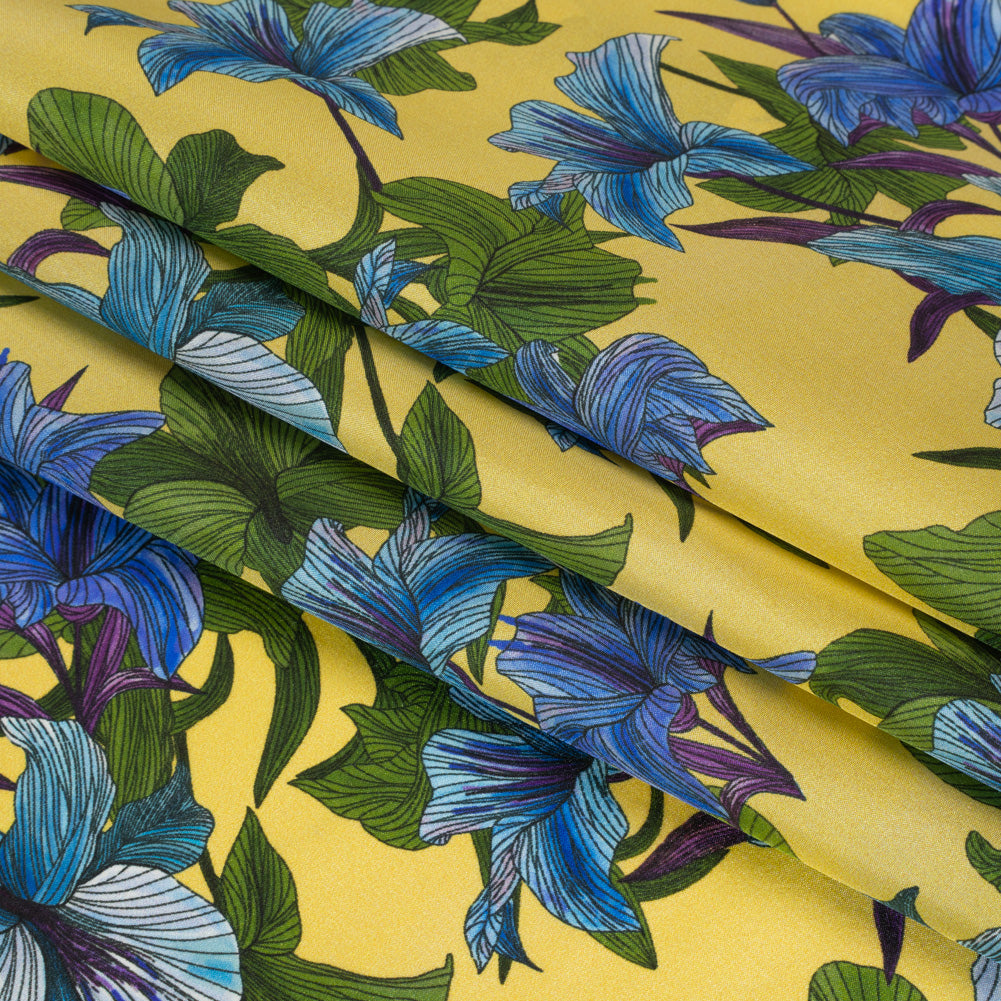 Silk Crepe de Chine Print Made in Italy - Lemon Yellow, Blue and Green Lilies - Deadstock - Detail