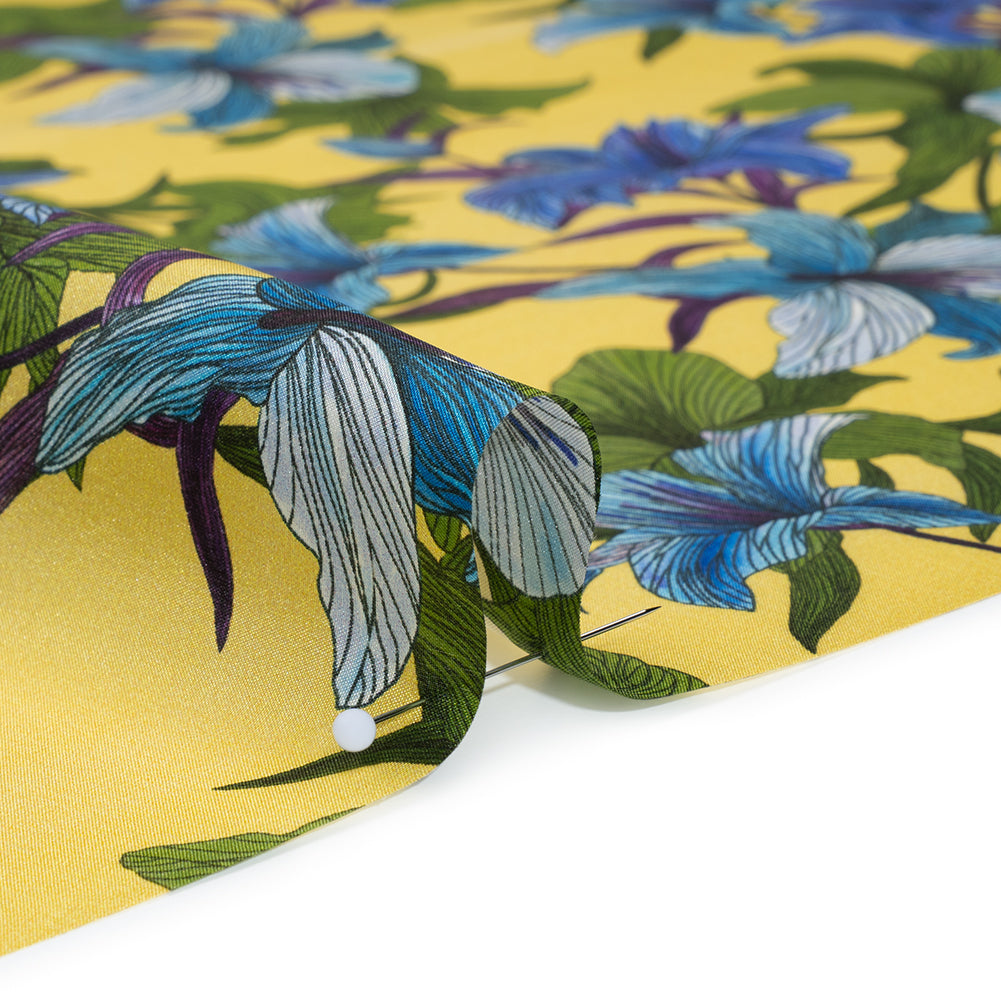 Silk Crepe de Chine Print Made in Italy - Lemon Yellow, Blue and Green Lilies - Deadstock - Full - Image 4 of 5