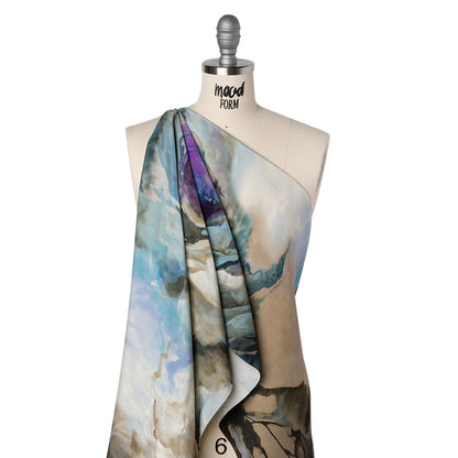 Silk Crepe Print Made in Italy - Blue, Purple and Brown Painterly Florals - Deadstock