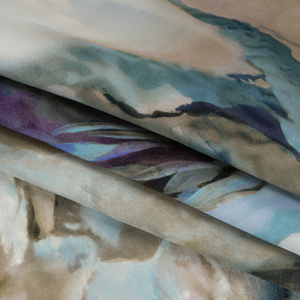 Silk Crepe Print Made in Italy - Blue, Purple and Brown Painterly Florals - Deadstock - Detail