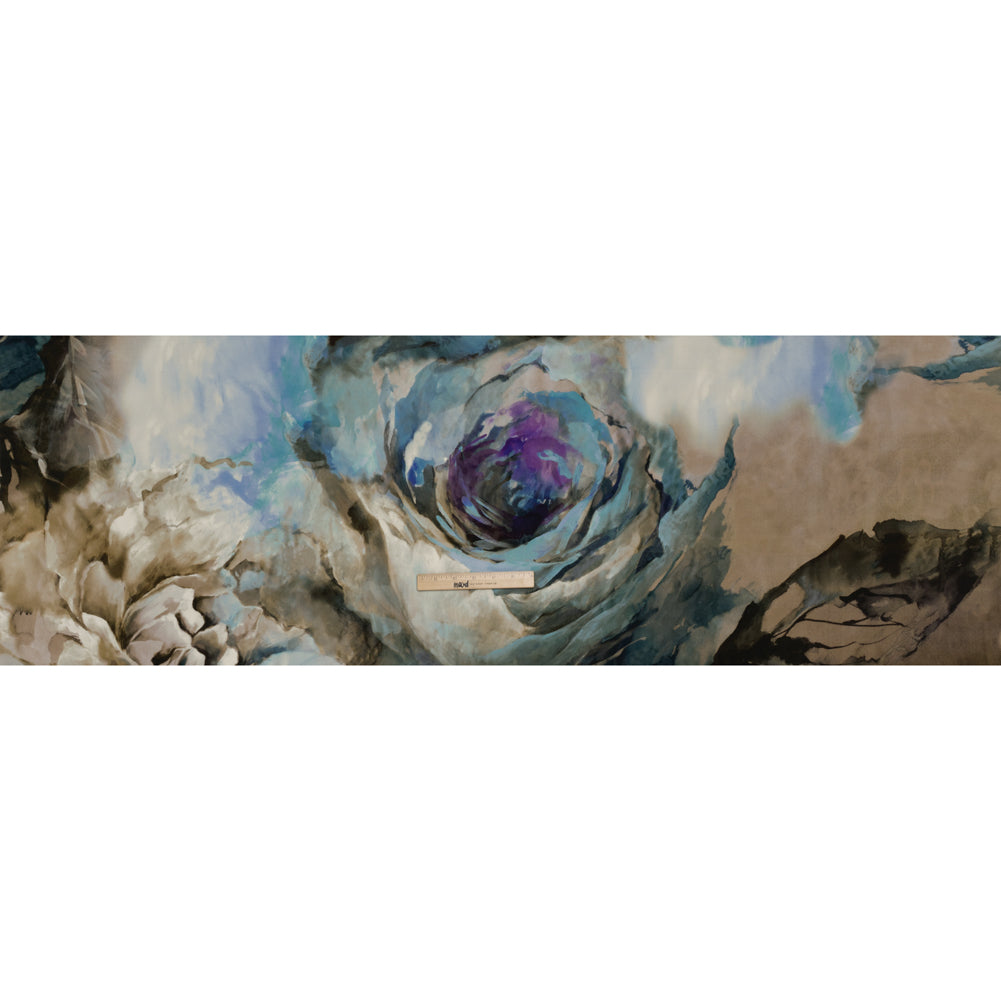 Silk Crepe Print Made in Italy - Blue, Purple and Brown Painterly Florals - Deadstock - Full - Image 5 of 5