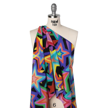 Crinkled Silk Crepe de Chine Print Made in Italy - Rainbow on Black Stars - Deadstock Folded