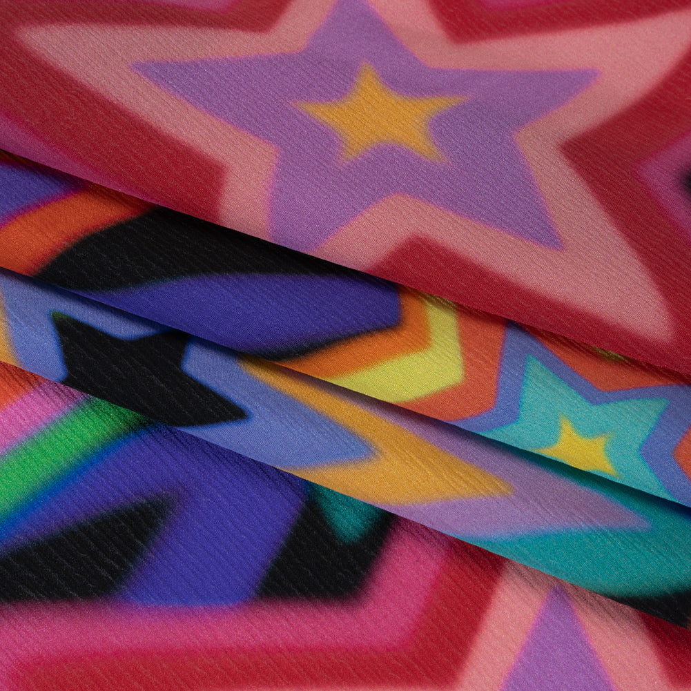 Crinkled Silk Crepe de Chine Print Made in Italy - Rainbow on Black Stars - Deadstock Detail