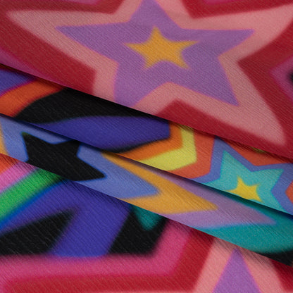 Crinkled Silk Crepe de Chine Print Made in Italy - Rainbow on Black Stars - Deadstock Detail