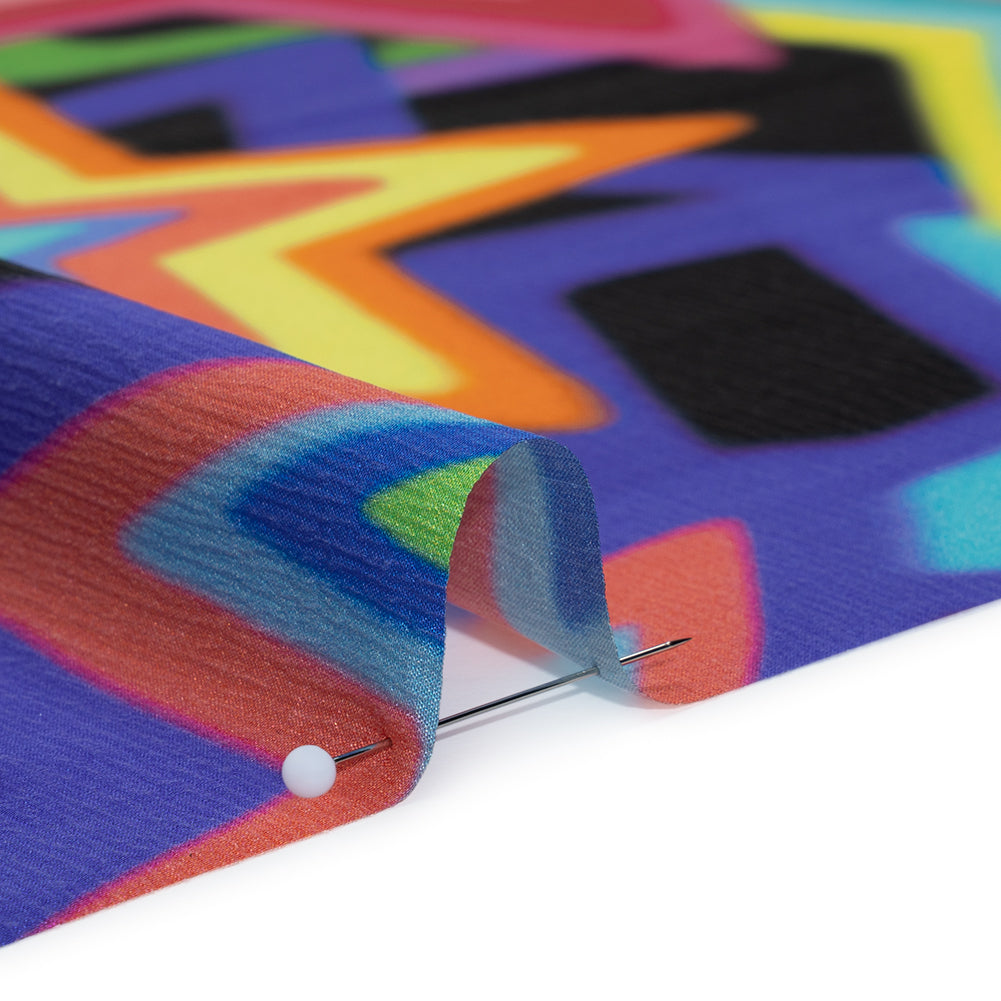 Crinkled Silk Crepe de Chine Print Made in Italy - Rainbow on Black Stars - Deadstock Full