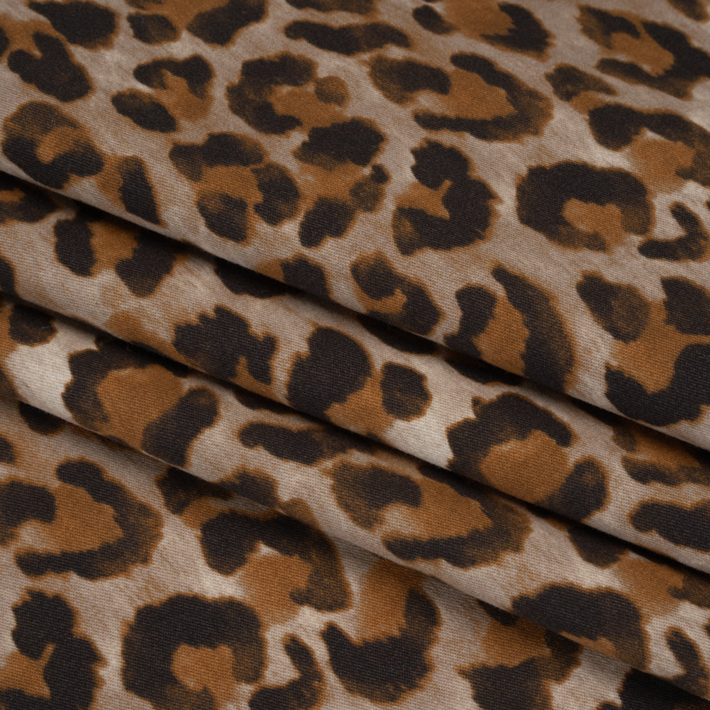 Stretch Brushed Cotton Twill Print Made in Italy - Greige, Tan and Dark Brown Cheetah Spots - Deadstock - Folded