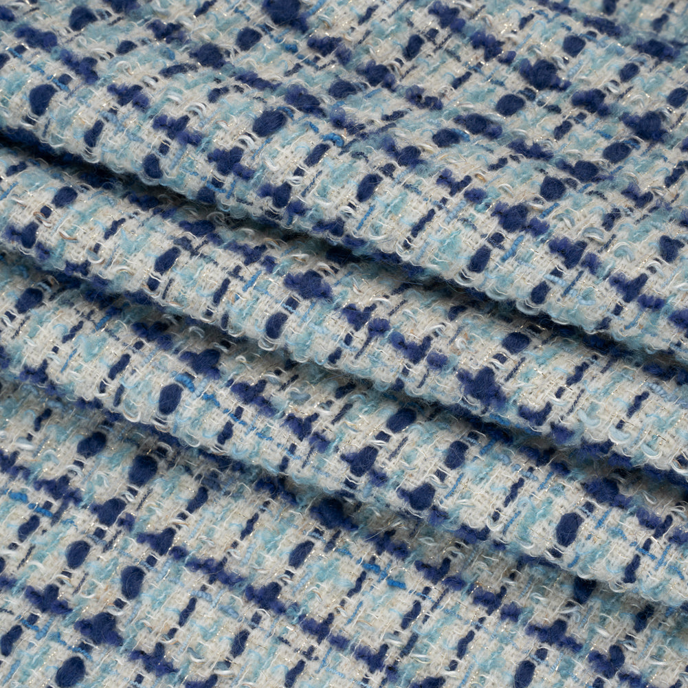 Metallic Wool Blend Boucle Tweed Made in Italy - White, Sky Blue and Cobalt Checks - Folded