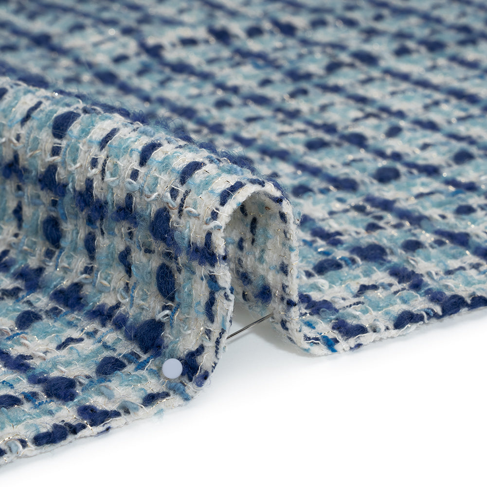 Metallic Wool Blend Boucle Tweed Made in Italy - White, Sky Blue and Cobalt Checks - Detail
